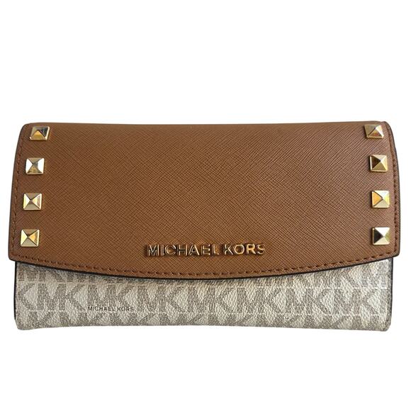 Michael Kors Studded Brown Signature Logo Wallet Gold Hardware Snap Closure - Picture 2 of 9